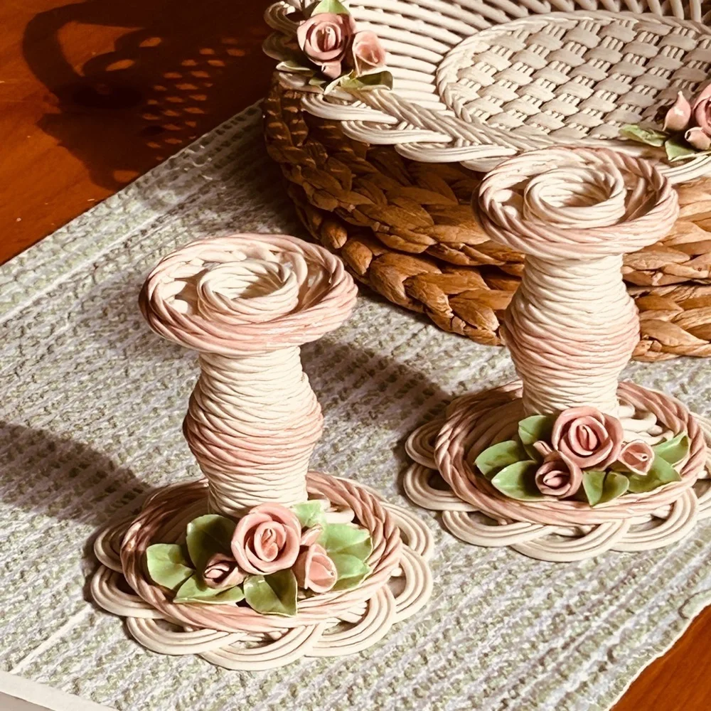 Whimsical Candlesticks Pair of 2 Rose Adorned Cream Pink 1991 Belleek Bev Sparks
